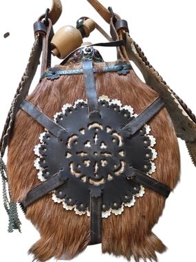 Vintage Hungarian Brown Fur Wood & Leather Crossbody Covered Canteen